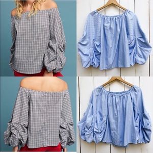 Anthropologie Maeve Gridwork Off The Shoulder Check Top Blouse Gingham Checkered